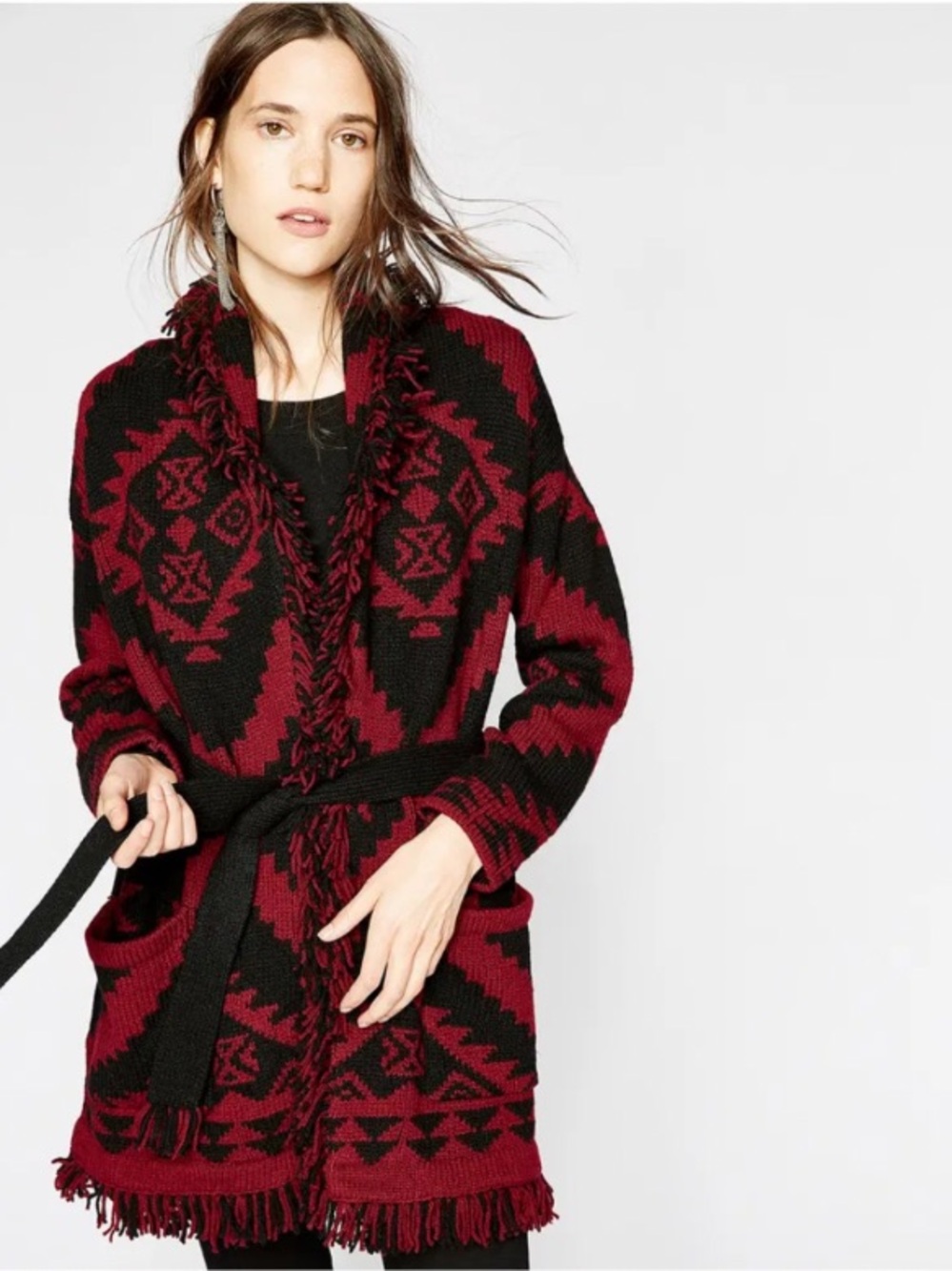 The Kooples tribal-inspired jacquard-pattern fringed cardigan in red and black